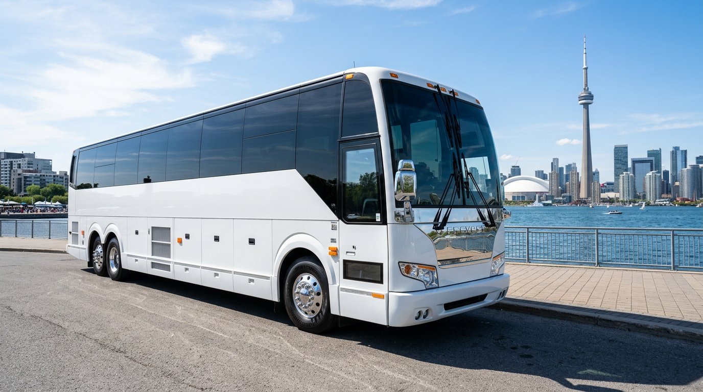 White luxury limo bus with the Toronto skyline and CN Tower